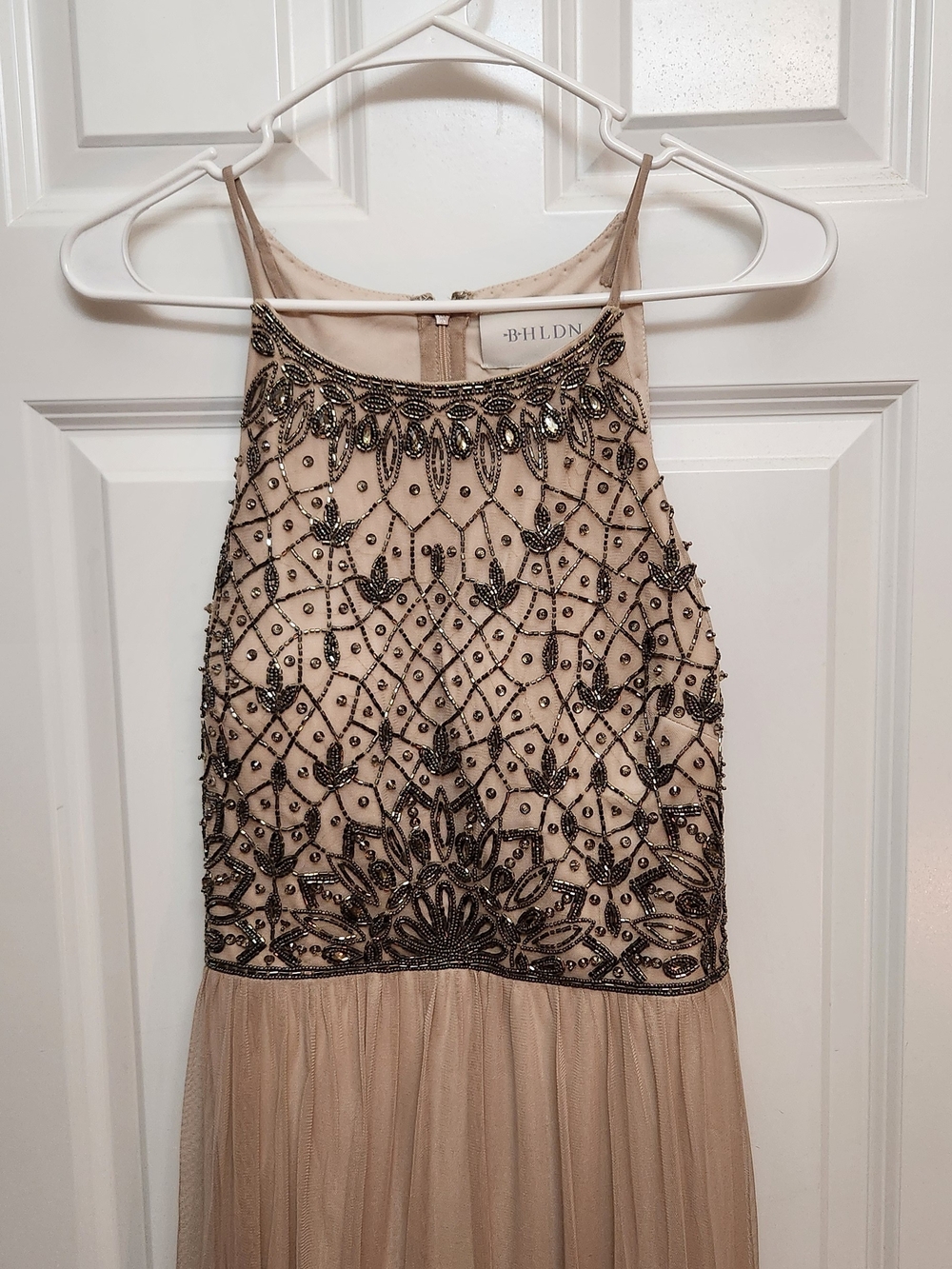 NWT Anthro. BHLDN Lachlan Gown. Beaded Tan/Gray Halter Evening Dress. SIZE 12.